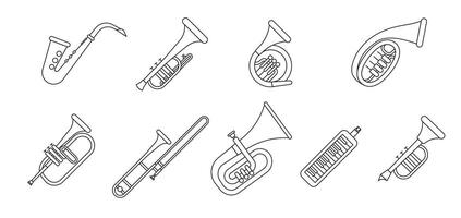 Wind musical instruments with the name in a thin line. Set of wind musical instruments. vector