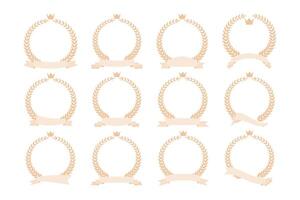 Set of laurel wreath badge with blank banner and crown in beige color. Flat design wheat ears icon isolated on white background. Award, honor, and achievement symbols. vector