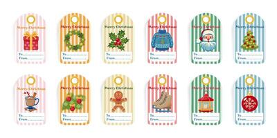 Set of 12 Christmas and New Year gift tags with festive illustration on striped background. With blank To and From sections for personalization. Christmas design template for card and label. vector