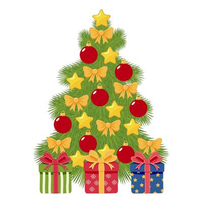 Christmas tree adorned with red ornaments, bows, stars and wrapped presents on a white background. Festive New Year illustration. Holiday decoration and celebration concept for design and print