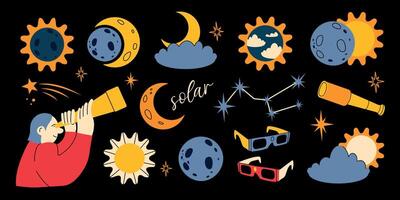 Solar Eclipse set. Flat style set of solar eclipse elements for infographic. Illustration in flat style for kids education at school, stickers, scrapbooking vector