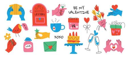Valentine's Day set with hands and other elements on a white background. Different romantic objects. Valentine's day, wedding and love concept. vector