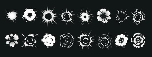 Radial explosive effect. Exploded bomb effect silhouettes set icon. Comic circle burst, round steam cloud, energy explosions, game VFX elements, speed bang power. vector