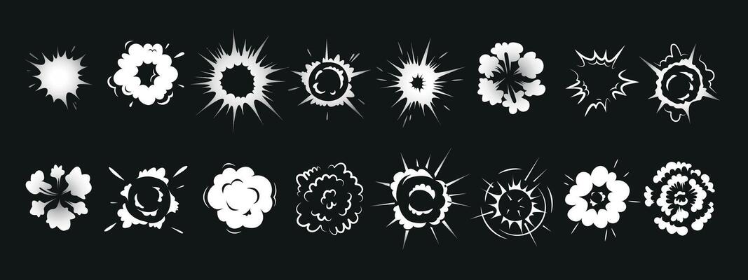 Radial explosive effect. Exploded bomb effect silhouettes set icon. Comic circle burst, round steam cloud, energy explosions, game VFX elements, speed bang power.