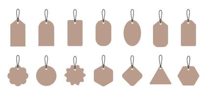 A set of recycled paper price tags on a white background. Cardboard labels with a thread. Gift tags. Blank shopping labels of different shapes. Paper discount tags. vector