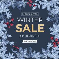 Winter sale poster design set with colorful winter leaves element in background and sale discount text for winter season shopping promotion.Suitable for mobile apps, banner design and web vector