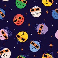 Solar Eclipse. Round abstract faces wearing glasses for observing a solar eclipse. Seamless back ground with colorful character. Flat design Ideal for printing, paper, factories. vector