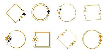 Set of Luxury Gradient Gold Frames with Stars, Starry Round and Square Shapes for Text Decor vector