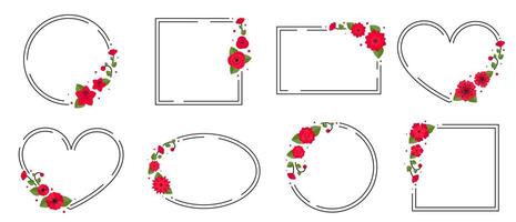 Floral Wreath Frames Set, Heart, Circle, Oval, and Square with Red Flowers vector