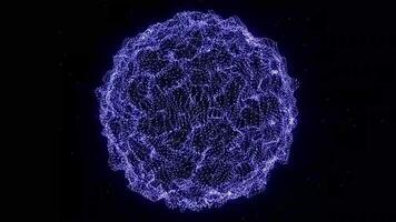 Science and technology. A perfectly round energy violet sphere of radial waves and particles is distorted. Abstraction video
