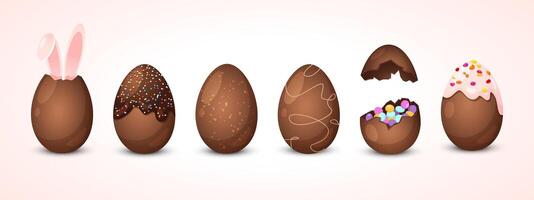 Easter holiday whole and bitten chocolate eggs with different decorations isolated on white background. vector