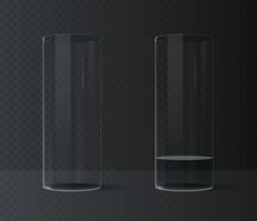 Empty and filled realistic glasses for water, juice or milk isolated on dark background. vector