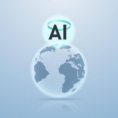 Artificial intelligence symbol above the earth. Concept of ai spreading all over the planet.