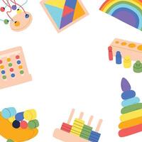 Template with Montessori toys with place for text. illustration. Flat style. Template with text box and children's toys. vector