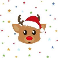Cheerful reindeer in a Santa hat. Reindeer face. Little reindeer. Charming and friendly baby reindeer that is associated with warmth and care. Fairy tale character. Symbol Christmas, coziness and joy. vector