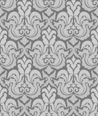 Bold seamless damask design in gray and black with dramatic ornamental and floral symmetry.