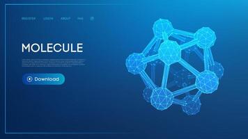 Abstract polygonal molecular network with neon blue highlights and 3D effect on a dark gradient blue background. vector