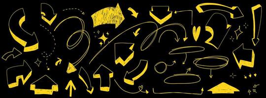 Set of handdrawn scribble arrows. Squiggly line strokes. Doodle elements. Infographic decoraring set. Collection of guides. Yellow marker lines at the black background vector