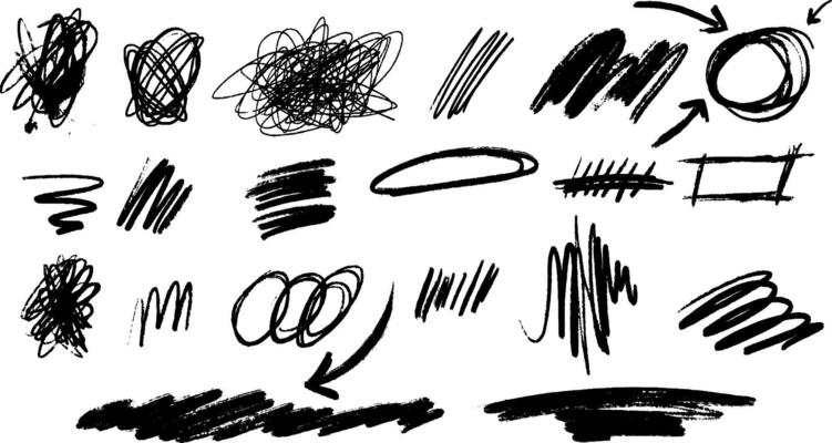 Whimsical punk design featuring a messy scribble and scratch effect. Hand drawn abstract elements include stripes and swirls in brush and chalk textures.