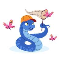 Snake in cap catches butterflies with net. Summer vibe character. Symbol of Chinese New Year. Suitable for greeting card, calendar, packaging. flat illustration. vector