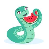 Green Snake with watermelon. Summer vibe character. Symbol of Chinese New Year. Suitable for greeting card, calendar, packaging. flat illustration. vector