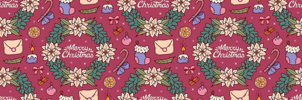 Christmas wreath with fir twigs and white poinsettia pattern. Festive winter red background. Candle, envelope, stocking and lettering doodle illustration. For wrapping paper, packaging. vector