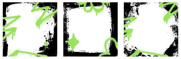 Spray graffiti green element rough paint. abstract frame set with black graphic on grungy paper background. vector