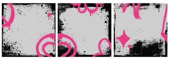 Grunge spray urban background set with pink graffiti element, brush strokes, and rough paint. Retro design with abstract black shape and ink pattern for poster or photo. vector