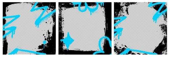 Blue grunge spray urban background with set of brush strokes, rough paint, and retro design. Old black shape, ink pattern, and texture. vector