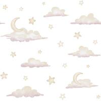 Nursery watercolor seamless Pattern with Stars and Clouds. Background with sky and crescent moon in pastel beige and neutral yellow colors. Backdrop for childish wallpaper or baby textile design. vector