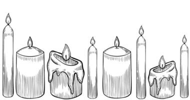 Candle seamless border. Illustration of pattern for party greeting card or invitation. Linear frame for celebration with lighting and glowing home decor. Mystery candlelight for banner. vector