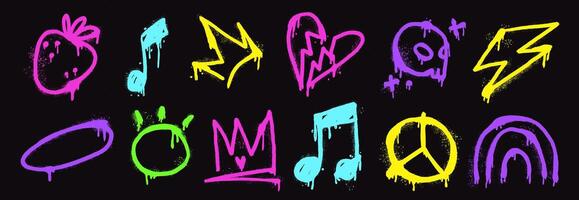 . art set featuring colorful spray graffiti. Cool urban design with lightning, hearts, and funky typography. Isolated abstract artwork for a teenage vibe. vector