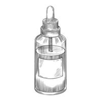 drawing of a essential oil Bottle with dropper. Linear illustration of glass vial with liquid painted by black inks for aromatherapy or herbal medicine. Outline etching for apothecary design. vector