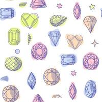 Gemstone crystal seamless pattern. Pastel gems and stars on white background vector