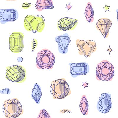 Gemstone crystal seamless pattern. Pastel gems and stars on white background