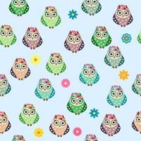Seamless colorful owl pattern for children with flowers, clouds, branches. vector