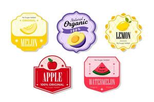 Retro fruits banner and labels. Different juices stickers. Packaging tags with watermelon, apple, lemon, melon. Set of seasonal fruits labels stickers and marks or badges template for packaging vector
