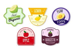 Retro fruits banner and labels. Different juices stickers. Packaging tags with lemon, apple, mangostin, plum. Set of seasonal fruits labels stickers and marks or badges template for packaging vector