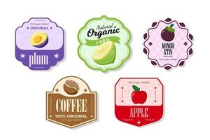Retro fruits banner and labels. Different juices stickers. Packaging tags with apple, coffee, mangostin, plum. Set of seasonal fruits labels stickers and marks or badges template for packaging vector