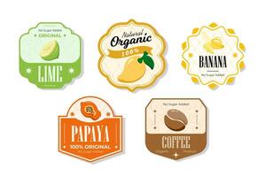 Retro fruits banner and labels. Different juices stickers. Packaging tags with coffee, papaya, banana, lime. Set of seasonal fruits labels stickers and marks or badges template for packaging vector