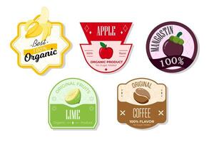 Retro fruits banner and labels. Different juices stickers. Packaging tags with lime, coffee, mangostin, apple. Set of seasonal fruits labels stickers and marks or badges template for packaging vector