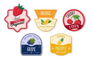 Retro fruits banner and labels. Different juices stickers. Packaging tags with pineapple, grape, cherry, orange. Set of seasonal fruits labels stickers and marks or badges template for packaging vector