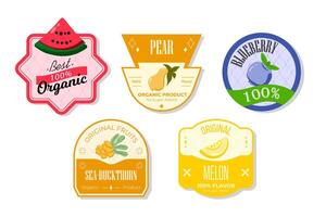 Retro fruits banner and labels. Different juices stickers. Packaging tags with seabuckthorn, melon, blueberry, pear. Set of seasonal fruits labels stickers and marks or badges template for packaging vector
