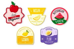 Retro fruits banner and labels. Different juices stickers. Packaging tags with watermelon, plum, lemon, melon. Set of seasonal fruits labels stickers and marks or badges template for packaging vector