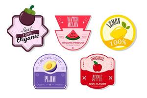 Retro fruits banner and labels. Different juices stickers. Packaging tags with lemon, apple, plum, watermelon. Set of seasonal fruits labels stickers and marks or badges template for packaging vector