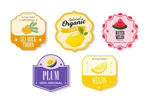 Retro fruits banner and labels. Different juices stickers. Packaging tags with watermelon, plum, melon, seabuckthron. Set of seasonal fruits labels stickers and marks or badges template for packaging vector
