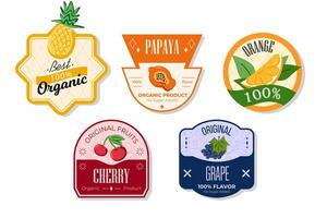Retro fruits banner and labels. Different juices stickers. Packaging tags with papaya, orange, cherry, grape. Set of seasonal fruits labels stickers and marks or badges template for packaging vector