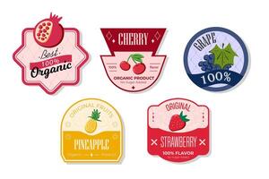 Retro fruits banner and labels. Different juices stickers. Packaging tags with strawberry, grape, pineapple, cherry. Set of seasonal fruits labels stickers and marks or badges template for packaging vector