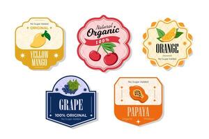 Retro fruits banner and labels. Different juices stickers. Packaging tags with yellow mango, orange, grape, papaya. Set of seasonal fruits labels stickers and marks or badges template for packaging vector