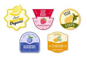 Retro fruits banner and labels. Different juices stickers. Packaging tags with seabuckthorn, blueberry, raspberry. Set of seasonal fruits labels stickers and marks or badges template for packaging vector